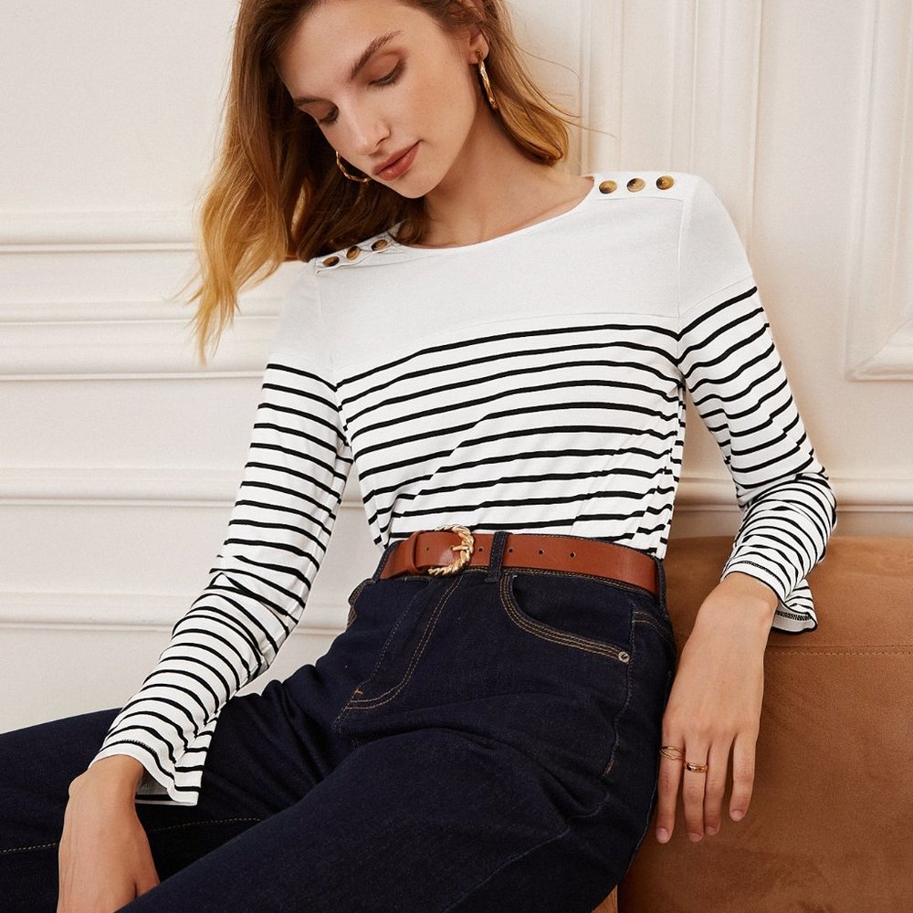 Brand New Frenchy Striped Button Detail Tee White